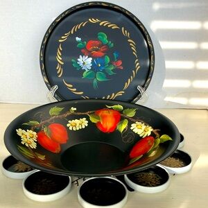 Bundle Of Hand Painted TOLE Tray, Bowl & 8 Coasters